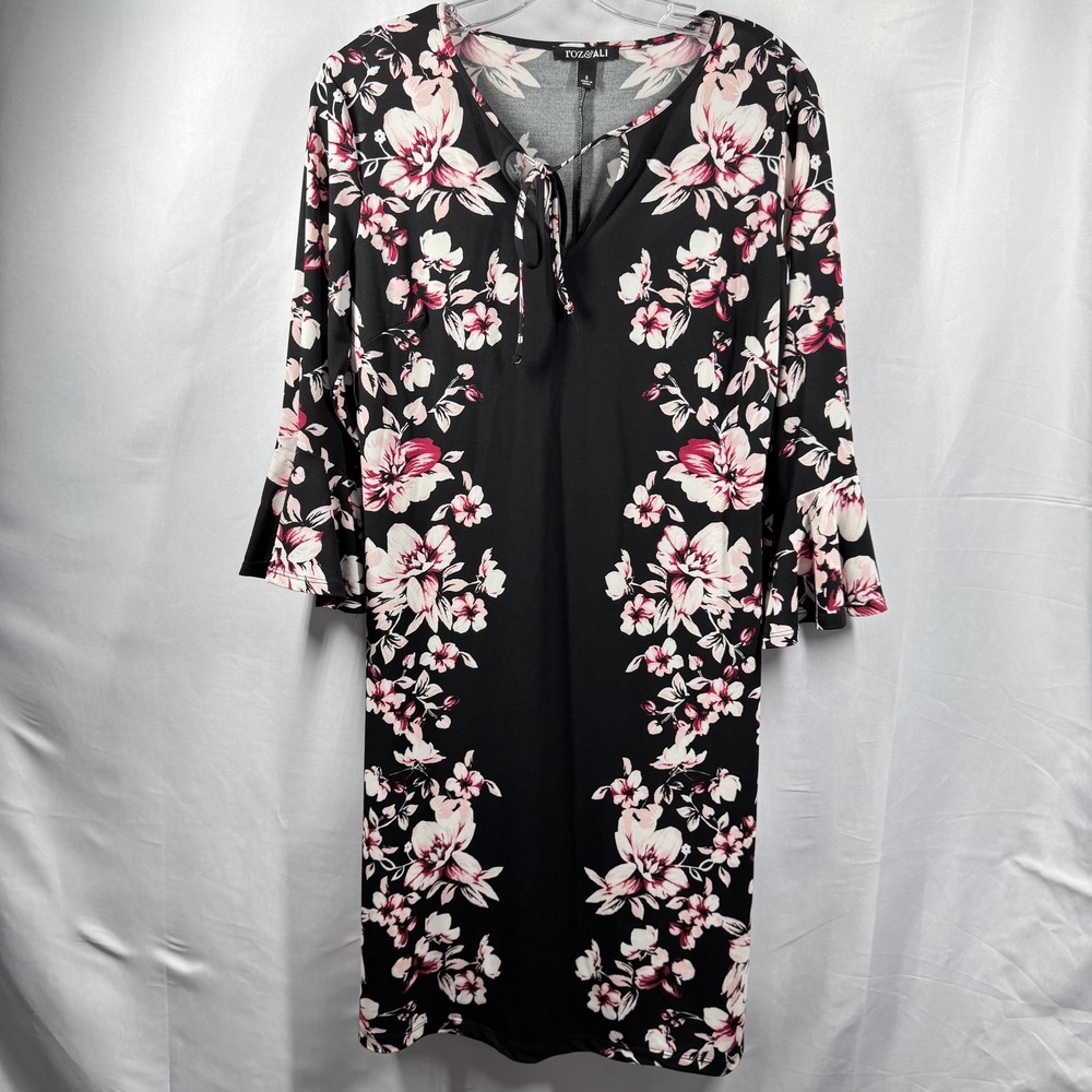 Roz & Ali Dress Womens Small Floral Bell Sleeve Above Knee Length Boho Stretch